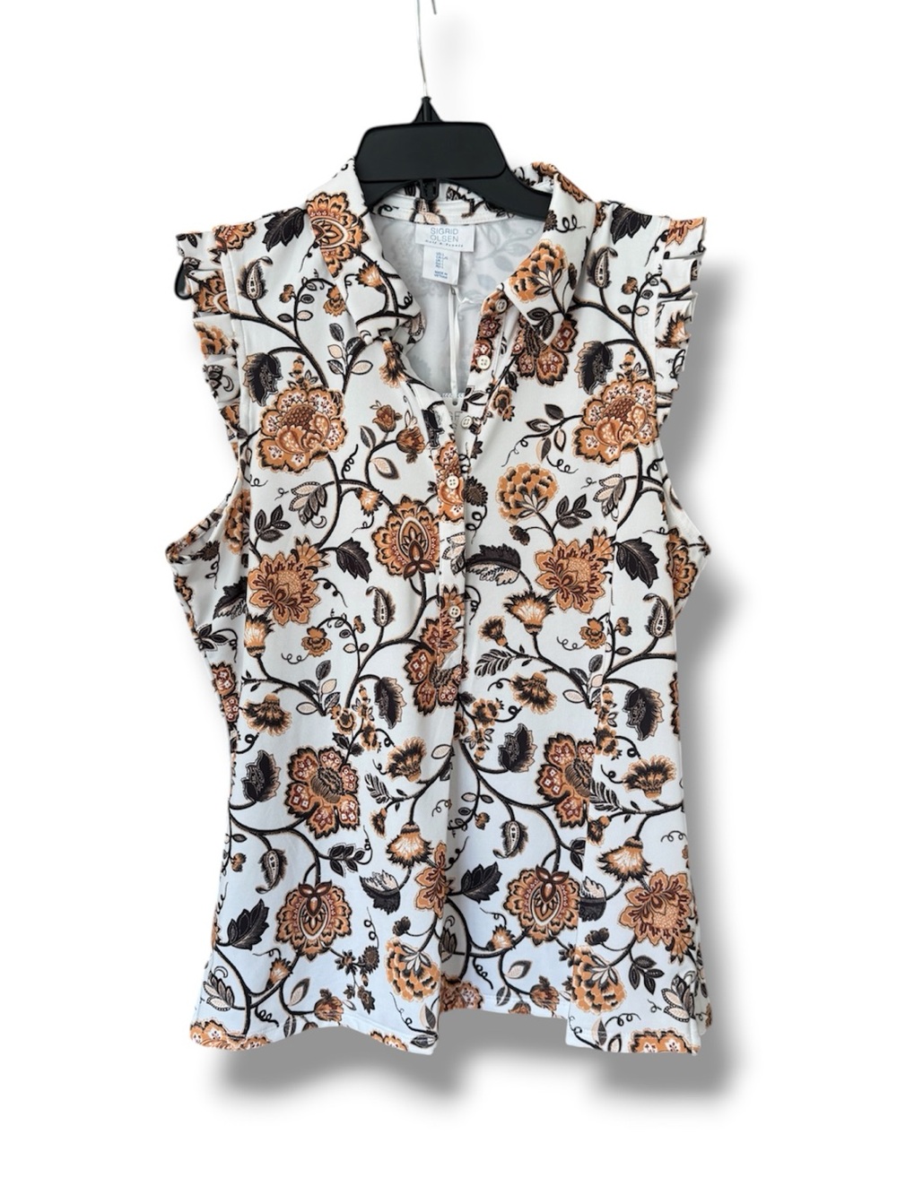 Sigrid Olsen Sleeveless Floral Ruffle-Trim Blouse - White with Brown Floral